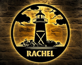 Personalized Lighthouse Metal Sign – Custom Name Or Address Plaque, Beach House Nautical Wall Decor, Harbor Mailbox Sign (Style-3)