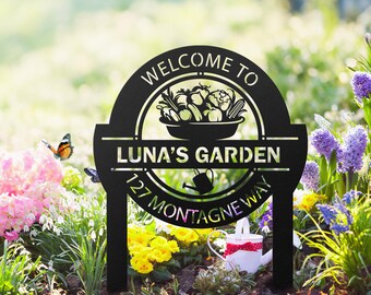 Gartenschild aus Metall mit Pfählen: Personalisierbar | Benutzerdefiniertes rundes Schild für Gartendekoration | Gärtner Geschenk | Einzigartiges Geschenk zum Muttertag