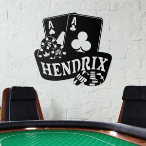 Naipes de casino personalizados, fichas, dados de juego, póquer, arte de pared de metal, luz LED, letrero con nombre de jugador personalizado, decoración del hogar, decoración de zona de juegos