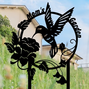 Custom Hummingbird Metal Garden Stake, Personalized Garden Name Sign, Metal Yard Sign, Garden Metal Art, Garden Decors, Floral Metal Sign