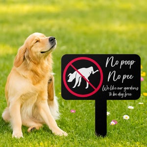 May include: A golden retriever dog sits in a grassy garden next to a black sign. The sign has a red circle with a dog silhouette crossed out, and the words "No poop No pee" and "We like our gardens to be dog free."