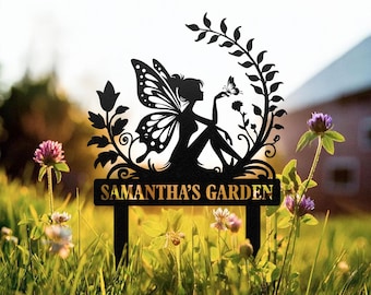 Letrero metálico de hadas para jardín, letrero personalizado, estaca para jardín de hadas, decoración para exteriores, arte metálico para jardín de hadas, regalo para jardineros, decoración de jardín