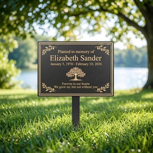 Puede incluir: Una placa conmemorativa negra con letras y borde dorados, plantada en una zona de césped. La placa dice "Plantado en memoria de Elizabeth Sander, 5 de enero de 1970 - 10 de febrero de 2026." También incluye el texto "Por siempre en nuestros corazones, Crecemos, pero no sin ti."