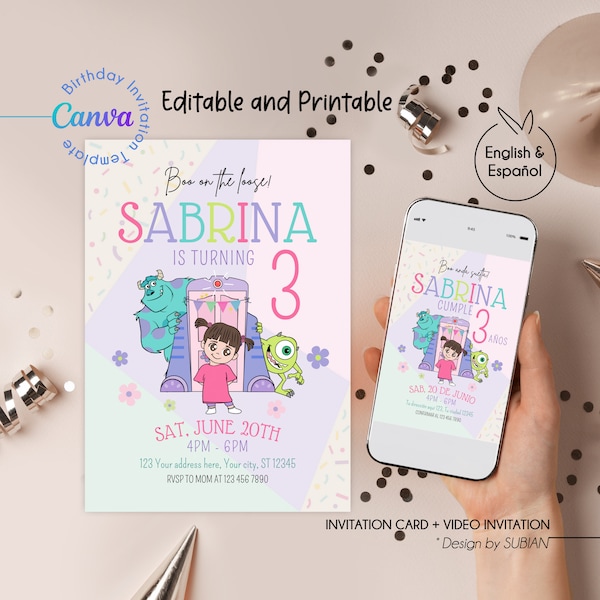 Editable Monster Inc Birthday Invitation Template, Printable Birthday Party Invitation, Digital Kids Party Template, Girl's Party Invitation