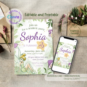 Modèle d’invitation d’anniversaire modifiable Fée Clochette, invitation à une fête d’anniversaire imprimable, modèle de fête numérique pour enfants, invitation à une fête de fille