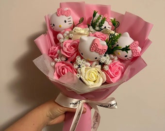 Hello Kitty Strauß Sanrio, Rosenstrauß, Blumengesteck, Niedliche künstliche Blumen, Geburtstagsgeschenk, Muttertagsgeschenk, Geschenk für ihre Katze