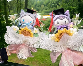 Ramo Sanrio Hello Kitty con sombrero de graduación, Kuromi Cinnamoroll Mi melodía, ramo de graduación Sanrio, regalo para la graduación de estudiantes