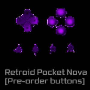 May include: A set of purple gaming controller buttons including a directional pad, four circular action buttons, and four smaller function buttons, arranged on a black background with the text Retroid Pocket Nova [Pre-order buttons].
