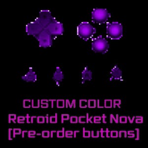 May include: A set of purple pixelated gaming buttons for a Retroid Pocket Nova, including a directional pad, four action buttons, and four smaller function buttons. The text below reads: CUSTOM COLOR Retroid Pocket Nova [Pre-order buttons].