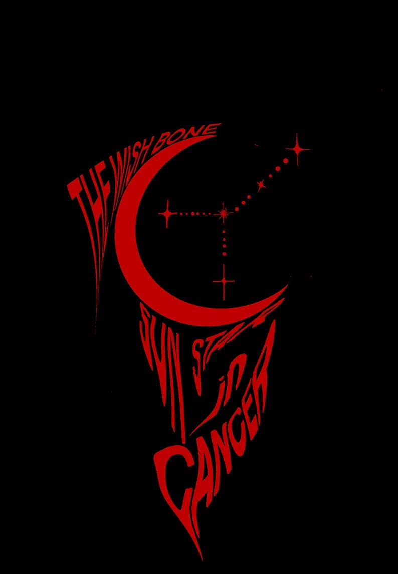 May include: Red graphic design with the text "The Wishbone" and "Run Sick Cancer" in a crescent moon shape with a constellation of stars above.