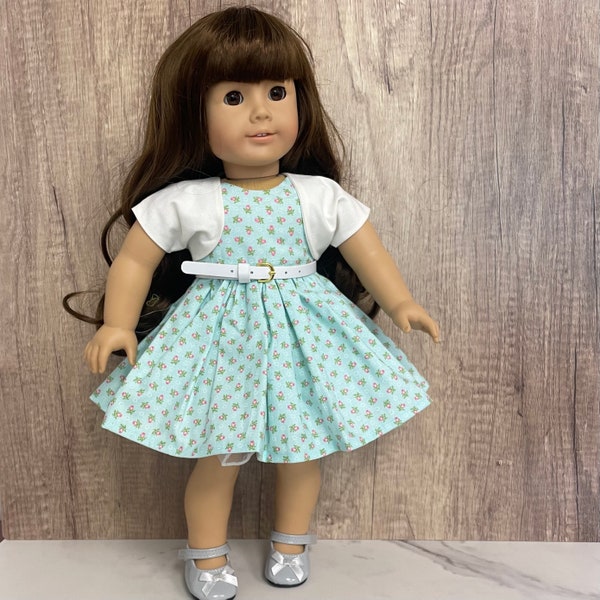 18” Doll Dress and Bolero - Tiny Roses on Aqua - Full Skirt