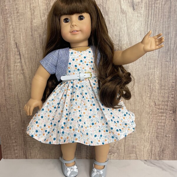 18” Doll Dress and Bolero - Tiny Starbursts on White - Blue Jacket - Full Skirt