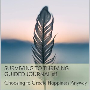 Puede incluir: Primer plano de una pluma contra un fondo borroso de una puesta de sol. El texto dice "Surviving to Thrive Guided Journal #1 Choosing to Create Happiness Anyway" de Chaney Fletcher. La imagen tiene un tema calmante e inspirador.