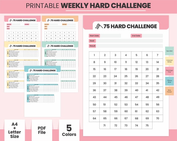 75 Hard Challenge Planner Printable | 75 Hard Challenge Tracker Bundle | Fitness Planner & Weekly Meal Planner | Weight Loss Journals PDF