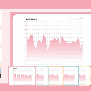 May include: A pink and white sleep graph tracker with a gradient color scheme. The graph shows hours of sleep over a month. The tracker is available in five different colors: sea salt, coral, flamingo, turquoise, and black.