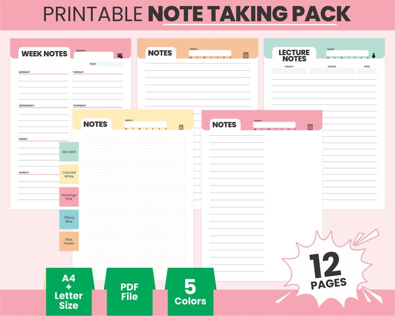 Printable Note Taking Pack, Colorful Planner Pages, A4 Letter Size, 12 ...