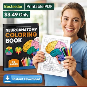 Op de afbeelding: Een vrouw houdt een kleurboek en een kleurplaat met een hersendiagram vast, samen met kleurpotloden. Het boek heet "Neuroanatomy Coloring Book". De tekst op de afbeelding luidt "Leer neurowetenschappen en verminder stress!" en "Direct downloaden."