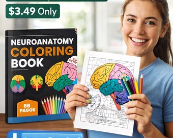 May include: A woman holds a coloring book and a coloring page with a brain diagram, alongside colored pencils. The book cover reads "Neuroanatomy Coloring Book." Text on the image says "Learn Neuroscience and Reduce Stress!" and "Instant Download."