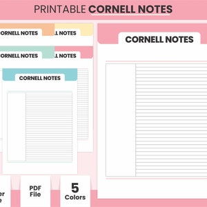 May include: Printable Cornell Notes in various pastel colors. The pages are lined with a section for notes and cues. The design includes tabs labeled "Cornell Notes" and color options like Sea Mist, Colonial White, and Flamingo Pink. The notes are available in A4 and Letter sizes.
