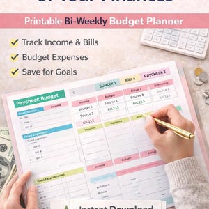 May include: A printable bi-weekly budget planner with the text "Take Control of Your Finances." The planner includes sections for tracking income, bills, and expenses. A hand is writing on the planner with a gold pen. The image also includes icons for tracking expenses, money, and saving.
