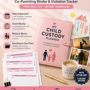 May include: A pink child custody planner with the text "My Child Custody Planner" and "Co-Parenting Binder & Visitation Tracker". Includes a visitation schedule, expense report, and witness list. Also includes a gold pen and a coffee mug.