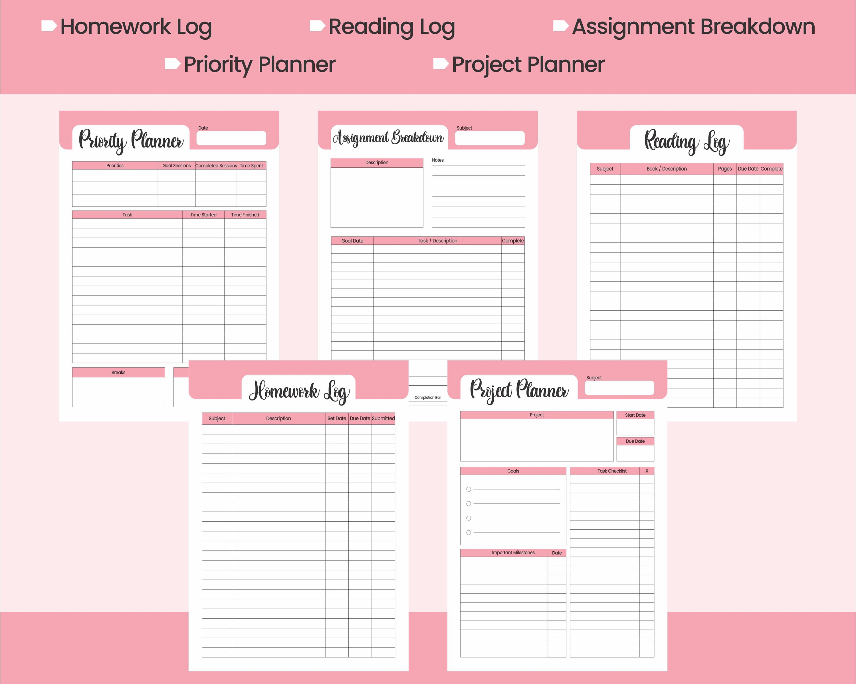 Printable Student Planner Pack, School and College Inserts, Study ...