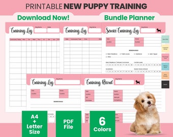 May include: Printable puppy training bundle planner with training logs, records, and service logs. Includes a cute puppy image, and options for A4 and Letter sizes, PDF file, and 6 colors. Text includes "Download Now!"