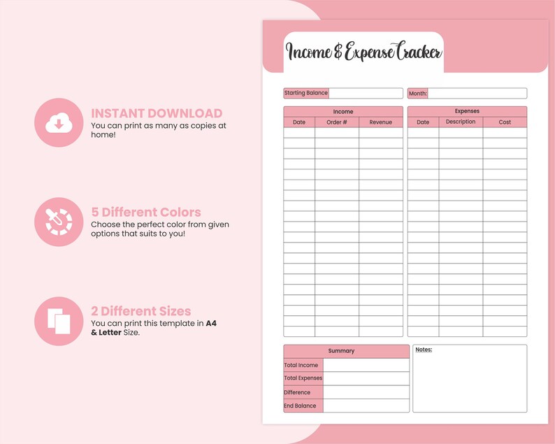 Printable Income and Expense Tracker, A4 & Letter Size, 6 Colors (PDF ...