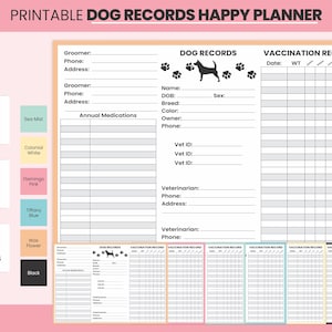 Può includere: Pianificatore di registri per cani stampabile con un design a forma di impronta di zampa. Il pianificatore include sezioni per i registri dei cani, i registri delle vaccinazioni e i farmaci annuali. Il pianificatore è disponibile in sei colori: nebbia marina, bianco coloniale, rosa fenicottero, blu Tiffany, fiore di cera e nero.