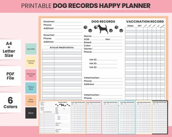 May include: Printable dog record planner with a paw print design. The planner includes sections for dog records, vaccination records, and annual medications. The planner is available in six colors: sea mist, colonial white, flamingo pink, tiffany blue, wax flower, and black.