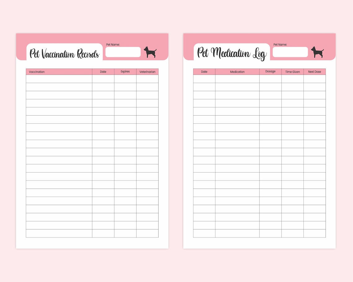 Printable Pet Information Log Pet Vaccination Records,puppy Care ...