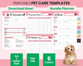 May include: Printable pet care templates in six colors, including pink, white, blue, and black. The templates include sections for pet information, vaccination records, vet records, and medication log. The image also includes a download now button and a bundle planner label.