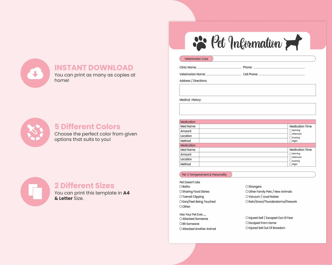 Printable Pet Information Log Pet Vaccination Records,puppy Care ...