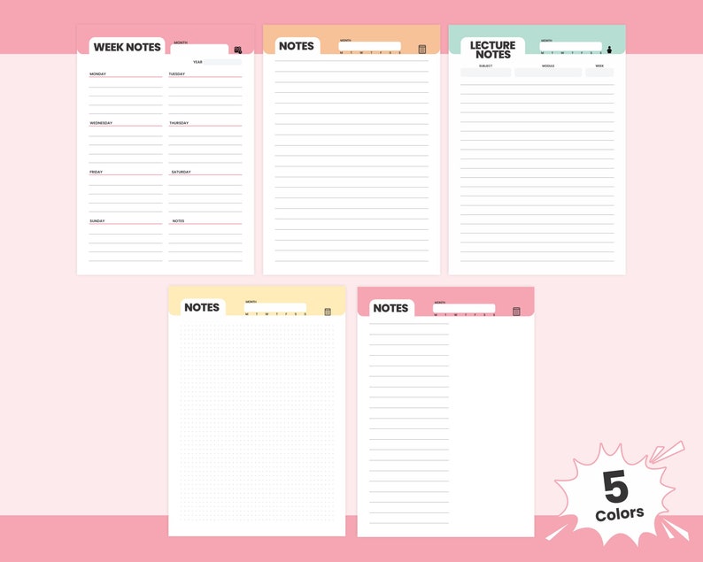 Printable Note Taking Pack, Colorful Planner Pages, A4 Letter Size, 12 ...