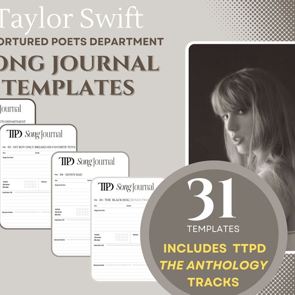 Taylor Swift | De afdeling gemartelde dichters | Sjabloon voor lieddagboeken | 31 nummers | TTPD | Luisternotities | Swiftie