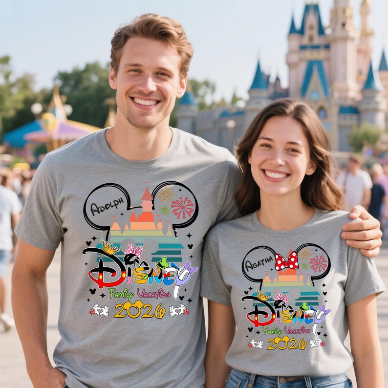 Pu&ograve; includere: Due magliette grigie a tema Disney. Ogni maglietta presenta un design con le orecchie di Topolino con un castello, fuochi d'artificio e i nomi "Adolph" e "Agatha". Le magliette hanno anche il testo "Disney Family Vacation 2020".
