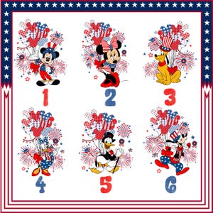 May include: A patriotic design featuring six Disney characters: Mickey Mouse, Minnie Mouse, Pluto, Daisy Duck, Donald Duck, and Goofy. Each character is dressed in red, white, and blue attire, with fireworks and balloons.