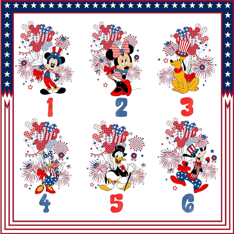 May include: A patriotic design featuring six Disney characters: Mickey Mouse, Minnie Mouse, Pluto, Daisy Duck, Donald Duck, and Goofy. Each character is dressed in red, white, and blue attire, with fireworks and balloons.