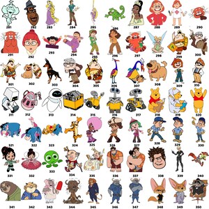 Puede incluir: Una colecci&oacute;n de ilustraciones de personajes de dibujos animados, incluyendo figuras de varias pel&iacute;culas animadas. Las im&aacute;genes presentan personajes como Winnie the Pooh, Rapunzel, y personajes de "Red" y "Up". Cada personaje es distinto, con poses y expresiones variadas.