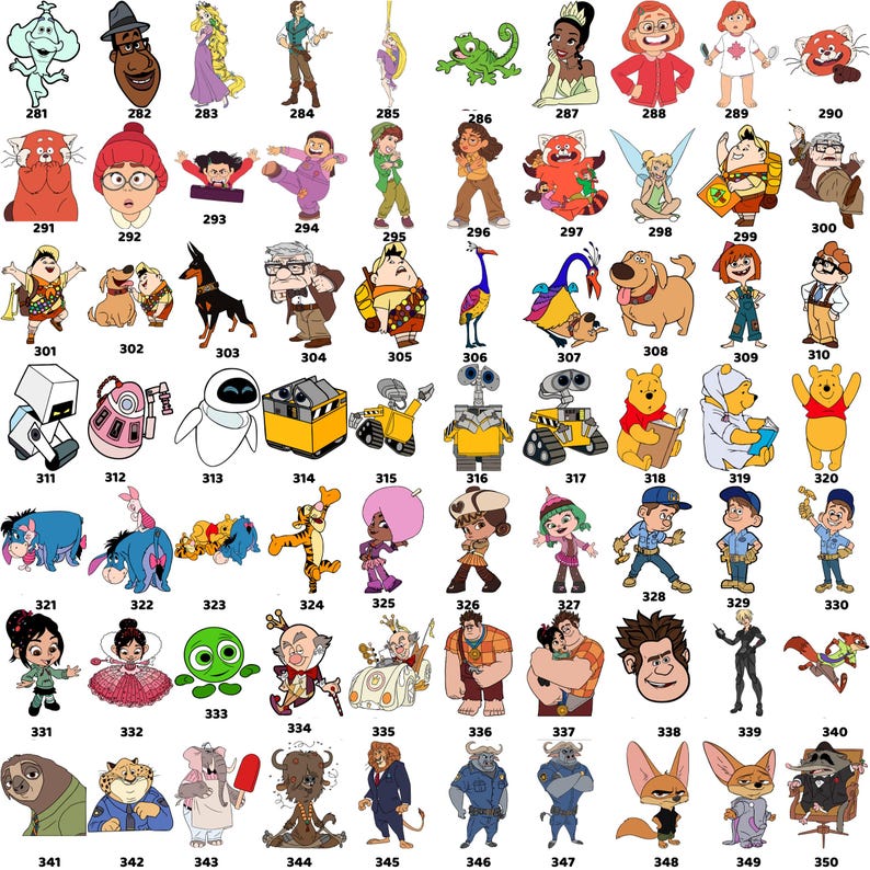 Puede incluir: Una colecci&oacute;n de ilustraciones de personajes de dibujos animados, incluyendo figuras de varias pel&iacute;culas animadas. Las im&aacute;genes presentan personajes como Winnie the Pooh, Rapunzel, y personajes de "Red" y "Up". Cada personaje es distinto, con poses y expresiones variadas.