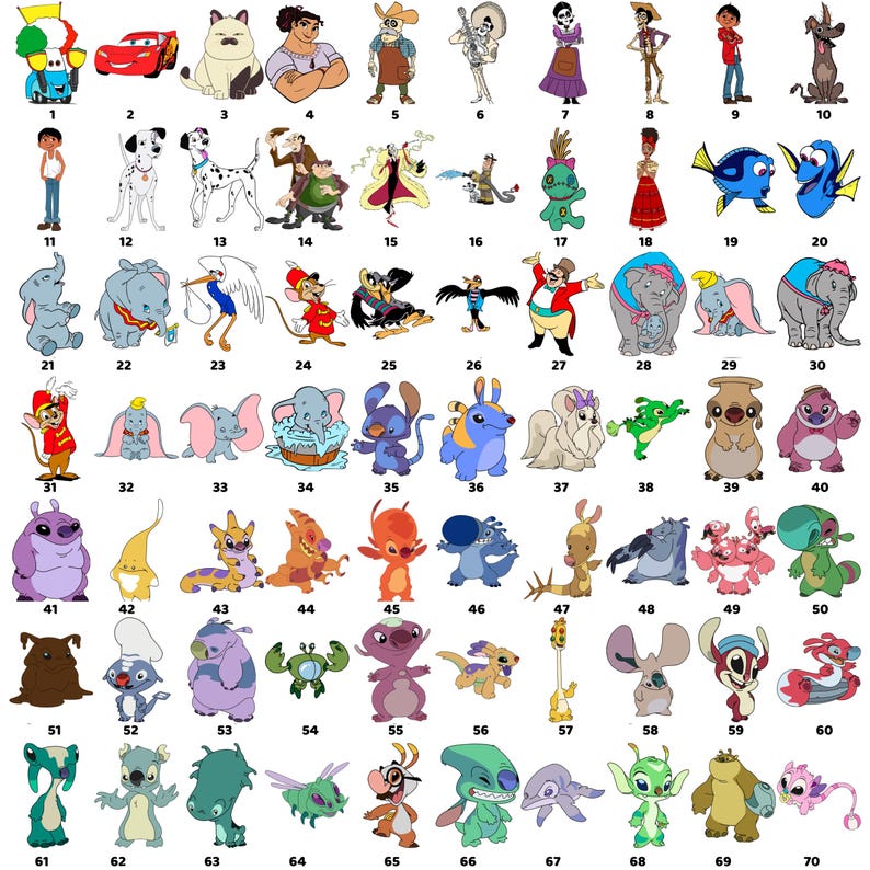 Puede incluir: Una colecci&oacute;n de ilustraciones de personajes de dibujos animados coloridos, incluidos personajes de pel&iacute;culas de Disney y Pixar. La imagen presenta una variedad de personajes, cada uno con caracter&iacute;sticas y colores distintos, dispuestos en filas.
