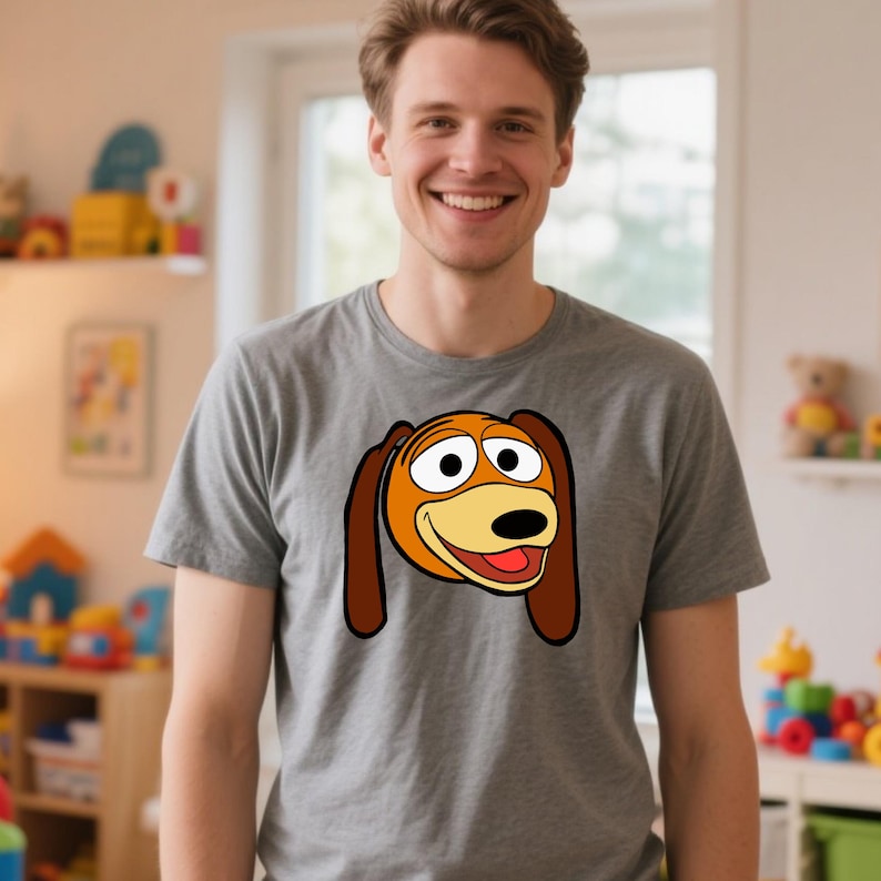 Peut inclure: Un t-shirt gris avec une image de dessin anim&eacute; de Slinky Dog de Toy Story. Le graphisme montre la t&ecirc;te du chien avec des oreilles marron, un museau jaune et une langue rouge. Le t-shirt est en mati&egrave;re souple.