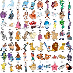 Puede incluir: Una colecci&oacute;n de ilustraciones de personajes de dibujos animados, incluyendo un Genio azul, un drag&oacute;n morado y un Simba amarillo. Las im&aacute;genes est&aacute;n numeradas del 141 al 210, con varias figuras animadas.