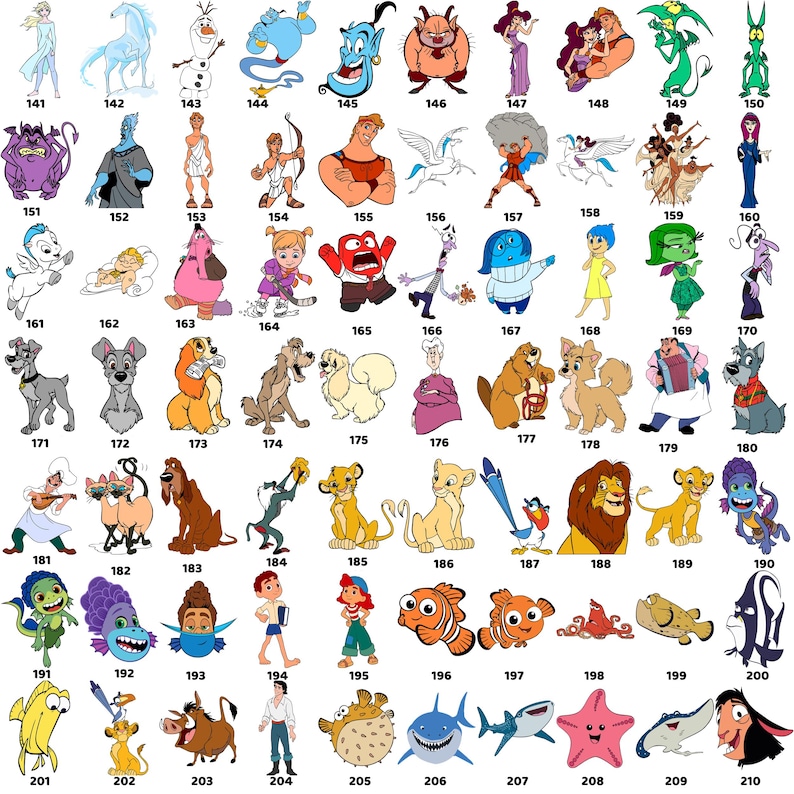 Puede incluir: Una colecci&oacute;n de ilustraciones de personajes de dibujos animados, incluyendo un Genio azul, un drag&oacute;n morado y un Simba amarillo. Las im&aacute;genes est&aacute;n numeradas del 141 al 210, con varias figuras animadas.