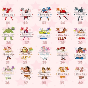 K&ouml;nnte beinhalten: Eine Sammlung von Disney-Charakterdesigns, jeweils mit dem Text "Disney Trip" und einer Nummer. Zu den Charakteren geh&ouml;ren Superhelden, Au&szlig;erirdische und klassische Disney-Figuren. Die Designs sind vor einem rosa Sternmusterhintergrund angeordnet.