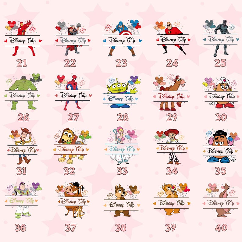K&ouml;nnte beinhalten: Eine Sammlung von Disney-Charakterdesigns, jeweils mit dem Text "Disney Trip" und einer Nummer. Zu den Charakteren geh&ouml;ren Superhelden, Au&szlig;erirdische und klassische Disney-Figuren. Die Designs sind vor einem rosa Sternmusterhintergrund angeordnet.