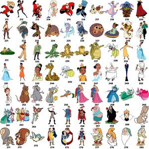 Puede incluir: Una colecci&oacute;n de ilustraciones de personajes de dibujos animados, incluyendo superh&eacute;roes, princesas y varios animales. Cada personaje est&aacute; numerado, con una diversa gama de estilos y colores. La imagen es una compilaci&oacute;n de figuras animadas.