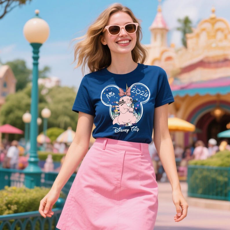 Puede incluir: Camiseta azul marino con un gr&aacute;fico de un personaje de dibujos animados rosa con forma de cabeza de Mickey Mouse, con el texto "Mia 2020 Disney Trip". La persona lleva una falda rosa y gafas de sol.