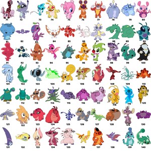 Puede incluir: Una cuadr&iacute;cula de 70 ilustraciones de personajes de dibujos animados coloridos, cada una con un dise&ntilde;o &uacute;nico y numerada del 71 al 140. Los personajes var&iacute;an en forma, color y estilo, algunos se asemejan a animales y otros tienen formas m&aacute;s abstractas.