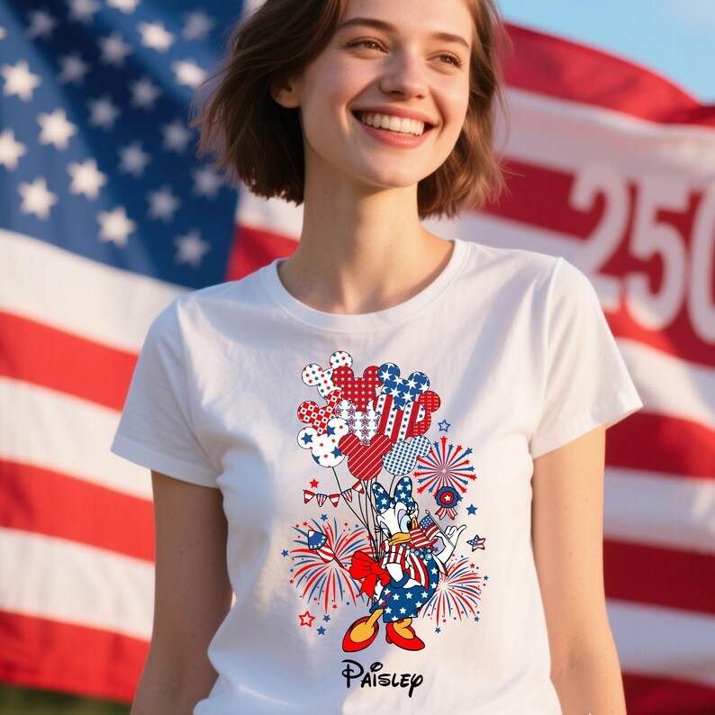 May include: White t-shirt featuring a patriotic design with Mickey Mouse-shaped balloons in red, white, and blue. The design includes fireworks, stars, and the text "Paisley". The shirt is set against a backdrop of the American flag.